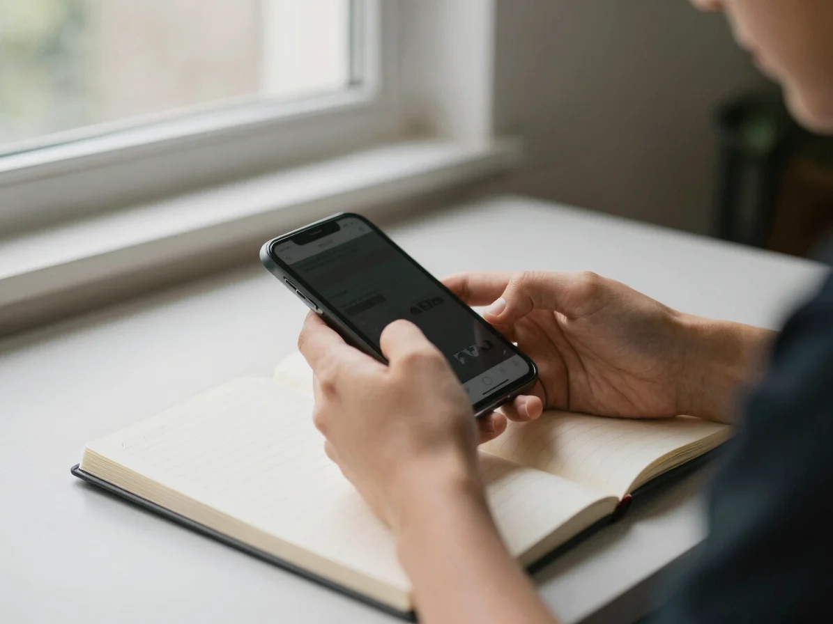 Close detail of hands holding a phone above a notebook on a neutr