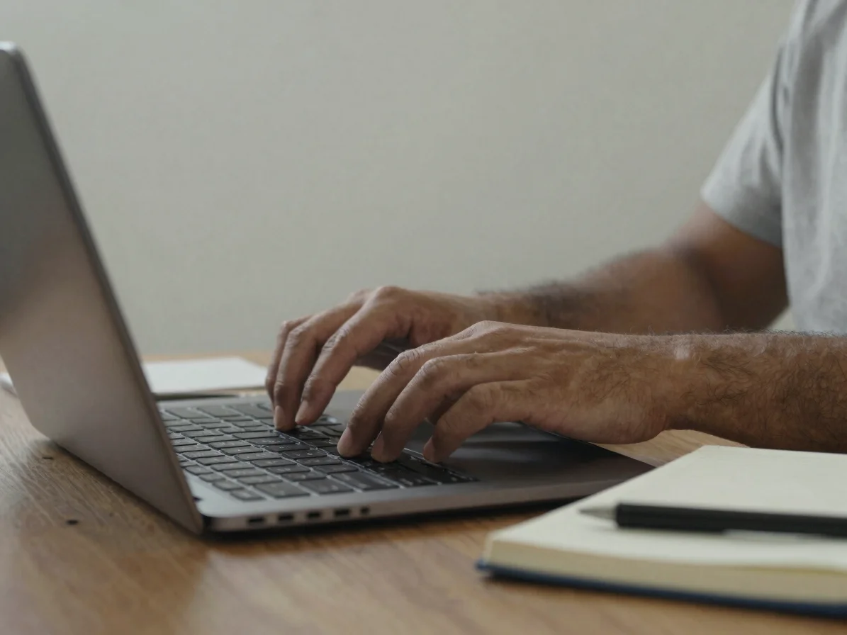 Candid close-up of hands typing a short note on a laptop beside a