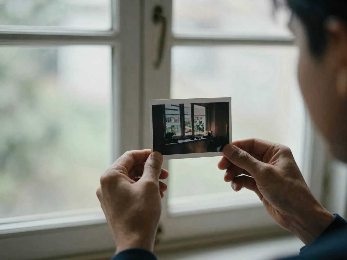 Close detail of hands holding a film photograph by a sunlit windo