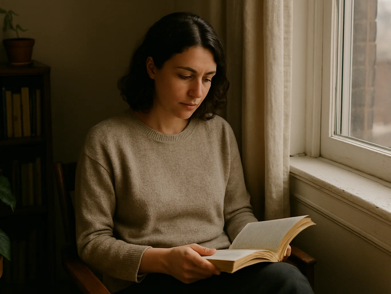 Candid environmental portrait of a person seated by a window read