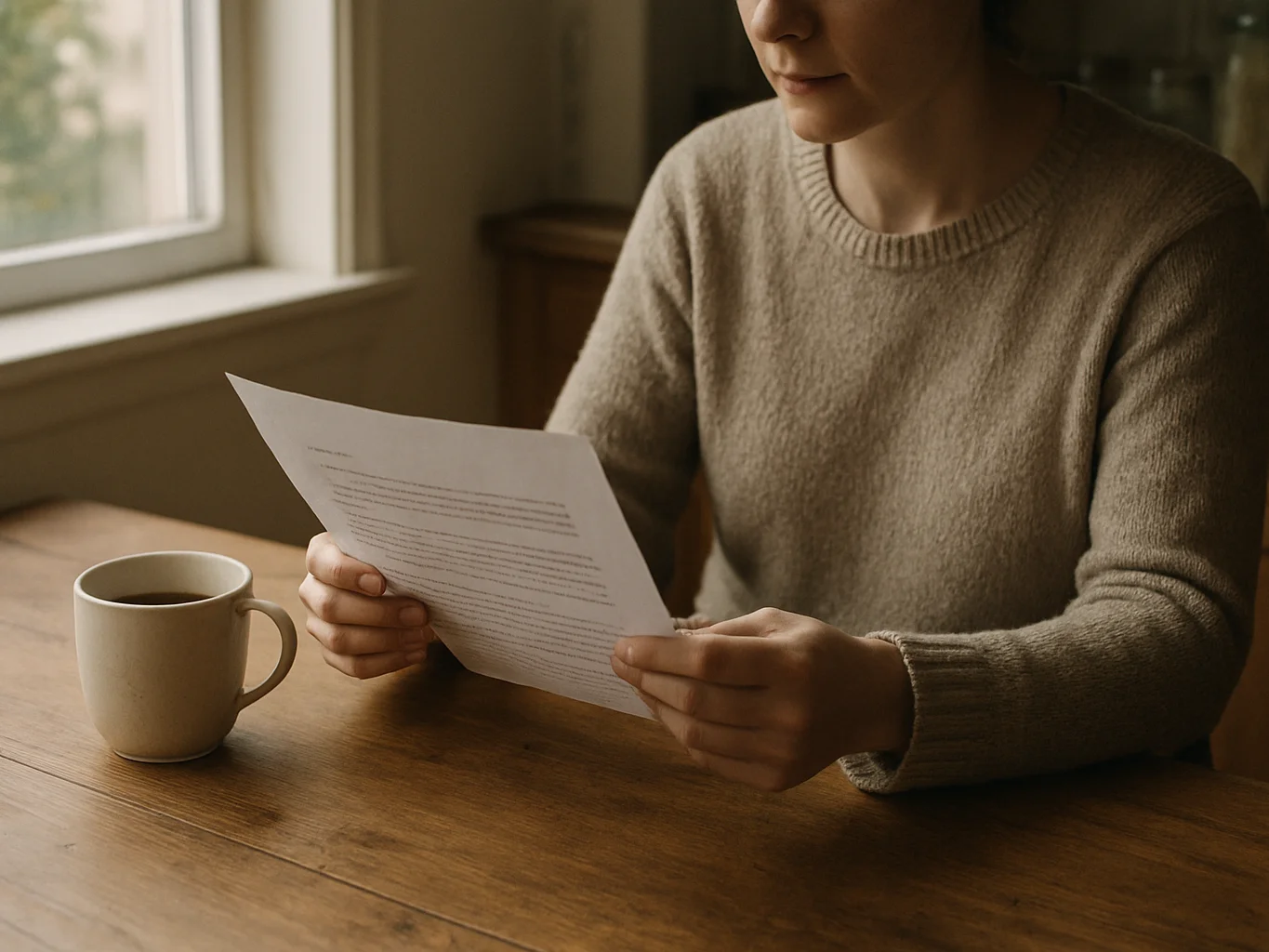 Natural editorial photograph of a person at a wooden kitchen table near a window, reading a printed letter with a cup of