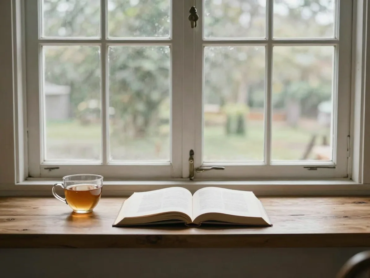 Wide environmental view of a reading nook with an open book and a