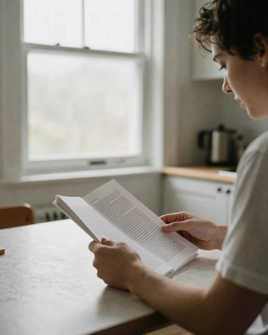 Candid editorial photograph of a person reviewing a printed page at a kitchen table, soft natural window light, calm neu