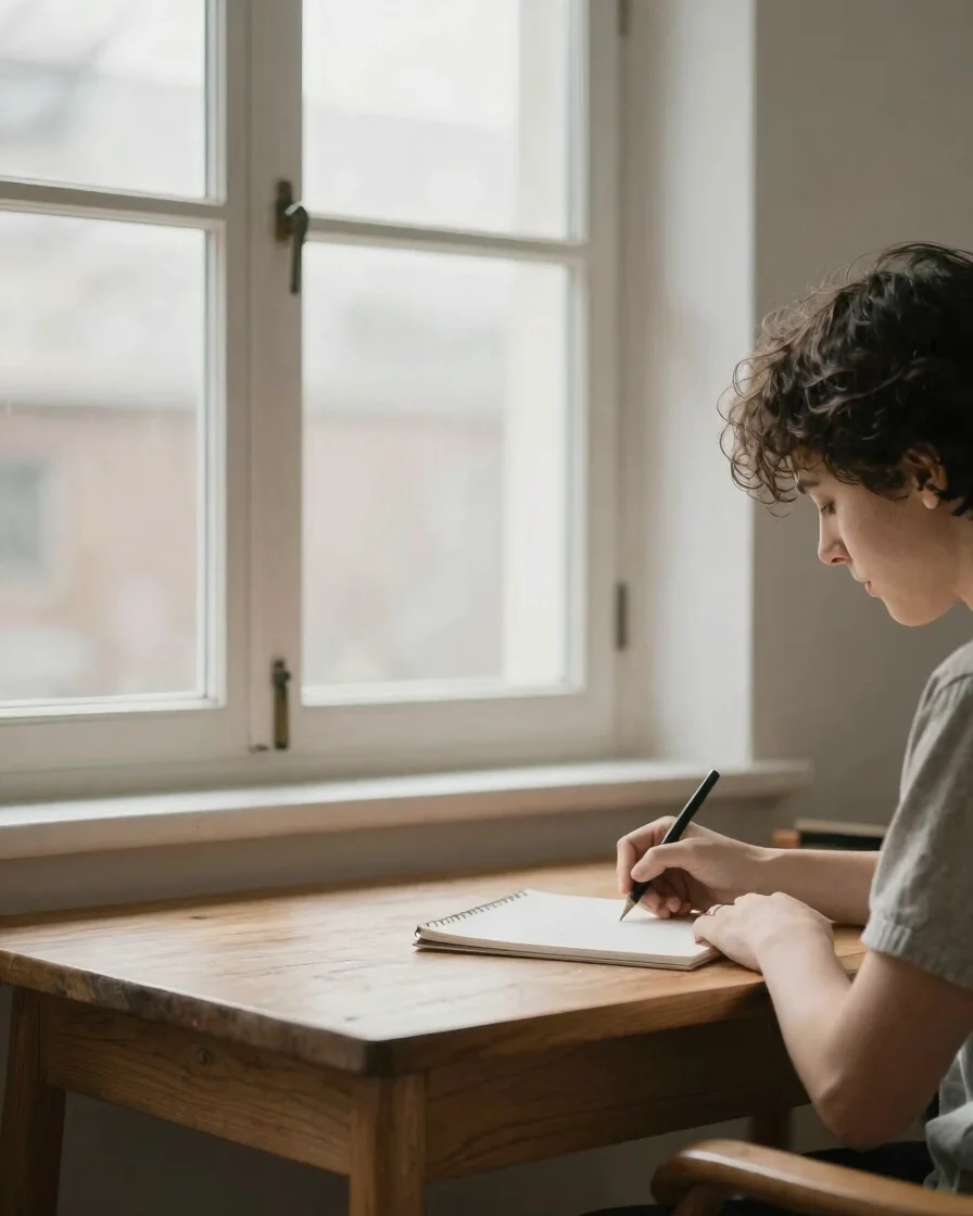 Editorial lifestyle photograph of a person writing at a wooden de